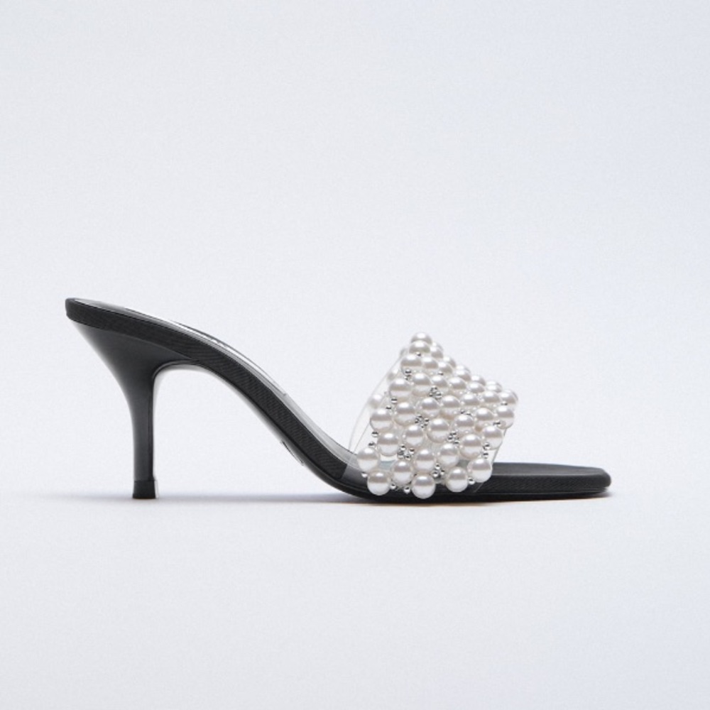 Zara Pearl Detail Square Toe Heel Sandals Size 9/40 - Picture 2 of 7